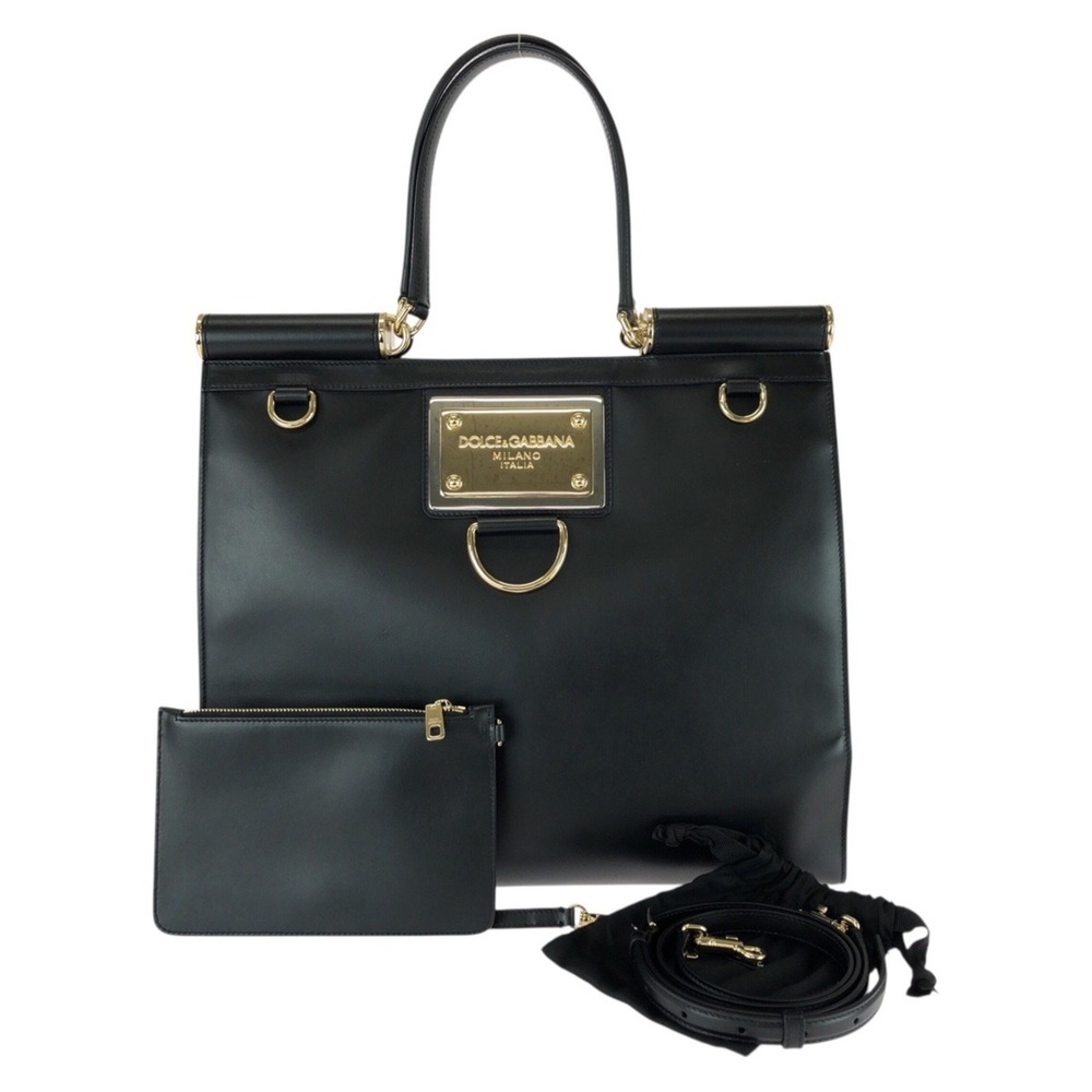 Dolce & Gabbana DOLCE&GABBANA Sicily 2-way Black Leather Tote Bag with Gold H...